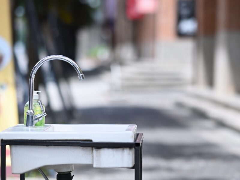 Faucets and sinks for washing hands at outdoor in the city.